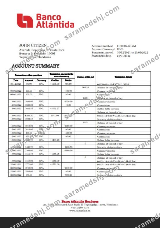 Honduras Banco Atlantida Bank statement template, Word and PDF format